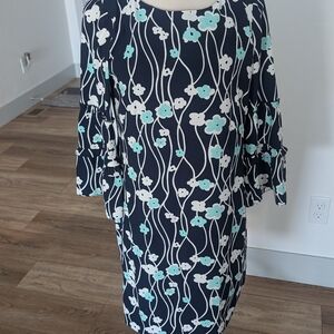 Talbots Navy and White Floral Long Sleeve Dress
